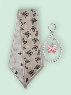Bag Scarf And Pearl Bead Wrist Keychain with Pink Butterfly Charm Set